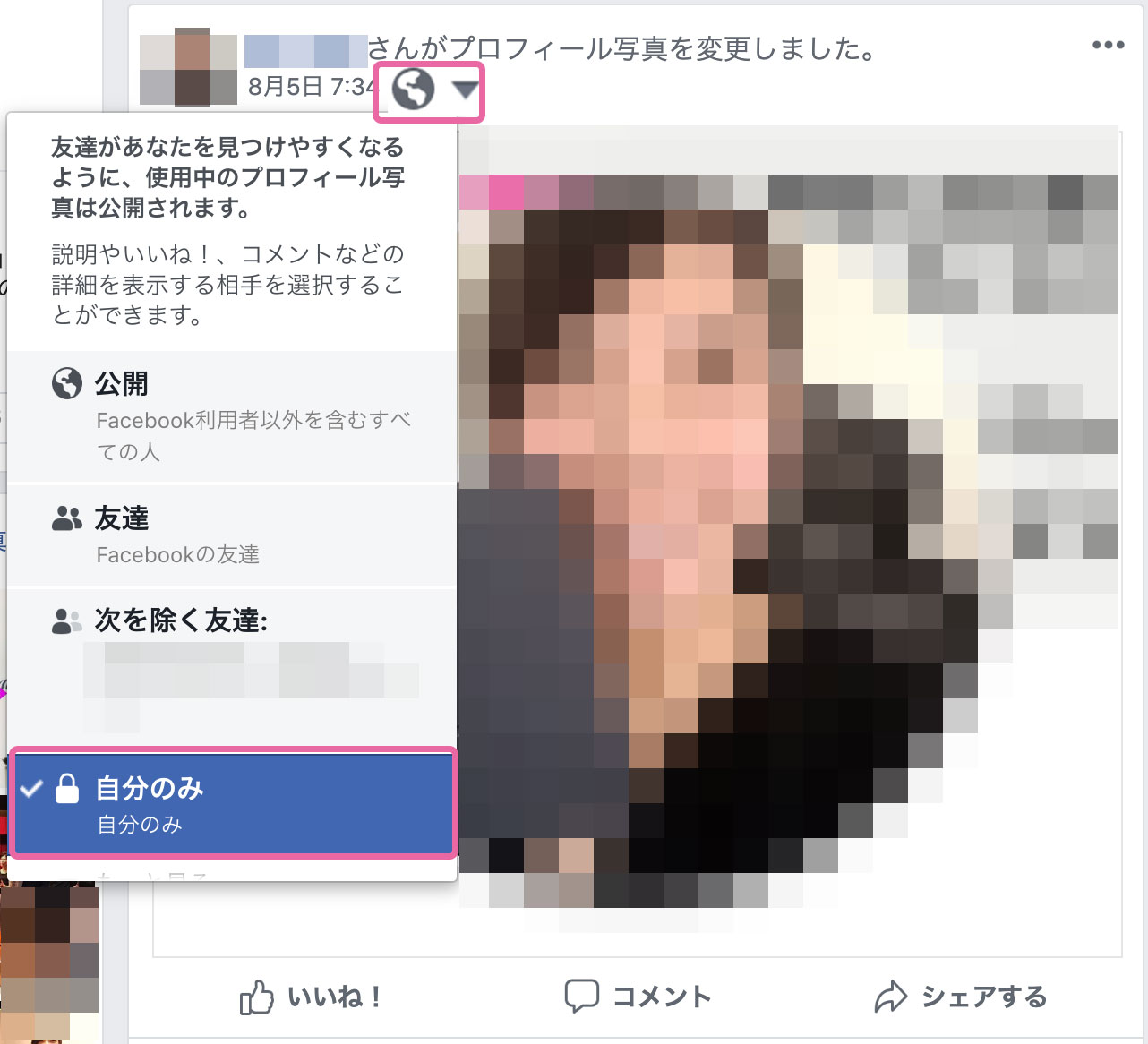 Facebookのプロフィール写真をこっそり変更 非公開に する方法 テストサイト